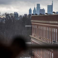 La Salle University student studying with Philadelphia city skyline in the background.