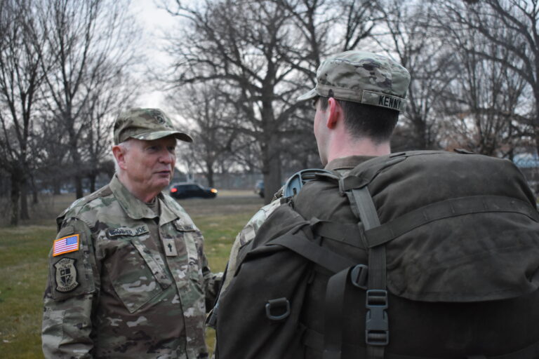 If you have sharp eyes, you might detect the name of “Brother Joe” and “U.S. Army” on the uniform of the man at left. Contradiction in terms? To some, yes……but to Lasallians, never! He is Brother Joseph Willard, the longtime Advisor for the U.S. Army ROTC program for La Salle University. He is pictured with Jakob Kenny, currently a Senior at La Salle. Cadet Kenny is the Cadet Battalion Commander for the ROTC’s “Task Force Dragon,” in which all University Cadets are enrolled. This photo dates from January or February 2023, and the setting is at a “field lab,” located near Centennial Lake, which is part of Fairmount Park in West Philadelphia. The ROTC’s field labs take place on Thursday mornings, usually between 05:30 and 11:00 hours.