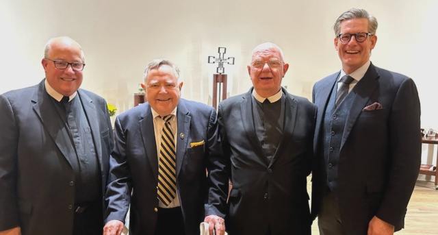 Left to right: Br. Robert "Bob" Schaefer, F.S.C., '89; Br. Gerard "Gerry" Molyneaux, F.S.C., '58, M.A. '59, Ph.D.; Br. Joseph L. Scheiter, F.S.C., Ph.D.; and President Daniel J. Allen, Ph.D.