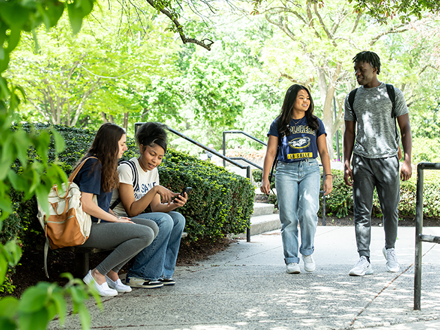 Image of two students walking while two other students sit nearby
