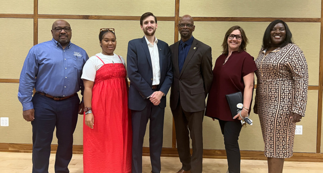 Left to right: Ron Williford, president of the board of directors of The Business Center; Siani Butler, '22, MBA '23, community program developer at The Nonprofit Center at La Salle; Michael Shorr, director of the Southeast Region Office of the Pennsylvania Department of Community and Economic Development; State Representative Stephen Kinsey; Kara Wentworth, Executive Director at The Nonprofit Center at La Salle; and Michelle Snow, Founder of Grow with Snow.