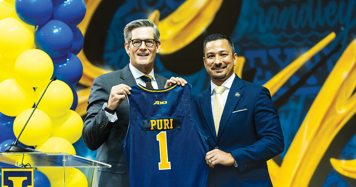 From left to right: President Daniel J. Allen, Ph.D, and Vice President of Athletics & Recreation and Director of Athletics Ashwin "Ash" Puri.