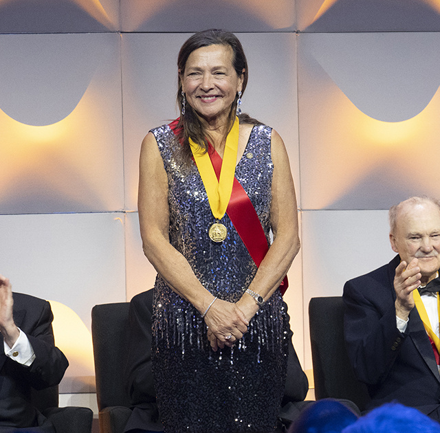 2025 Franklin Medal Laureate in Chemistry Naomi Halas, Ph.D., HON ‘07, ‘80, at the Franklin Medal Awards Ceremony. Photo courtesy of the Franklin Institute.