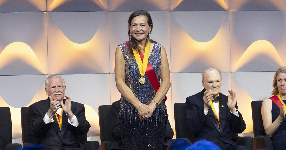2025 Franklin Medal Laureate in Chemistry Naomi Halas, Ph.D., HON ‘07, ‘80, at the Franklin Medal Awards Ceremony. Photo courtesy of the Franklin Institute.