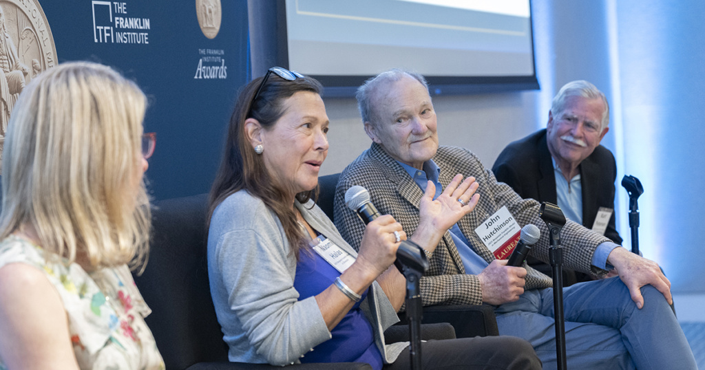 2025 Franklin Medal Laureate in Chemistry Naomi Halas, Ph.D., HON ‘07, ‘80, at a panel discussion with STEM scholars hosted by the Franklin Institute. Photo courtesy of the Franklin Institute.