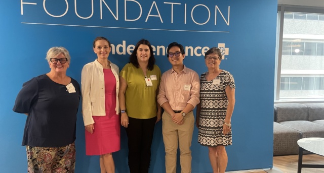 Dang Nguyen, '26, with faculty from La Salle's School of Nursing and Health Sciences at the recognition ceremony for the IBX summer interns. Pictured from left: Associate Professor of Nursing Mindy Tait, Ph.D., MBA, CRNP, FNP-BC, Dean of the School of Nursing and Health Sciences Meredith Kneavel, Ph.D., Associate Professor of Nursing Deborah Byrne, Ph.D., RN, CNE, Dang Nguyen, '26, and Professor Emerita Mary Wilby, Ph.D., MSN, CRNP, ANP-BC, R.N.