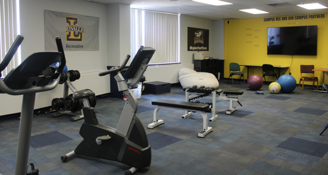 Room 301 on the third floor of the Union provides space to workout or for campus groups to meet.