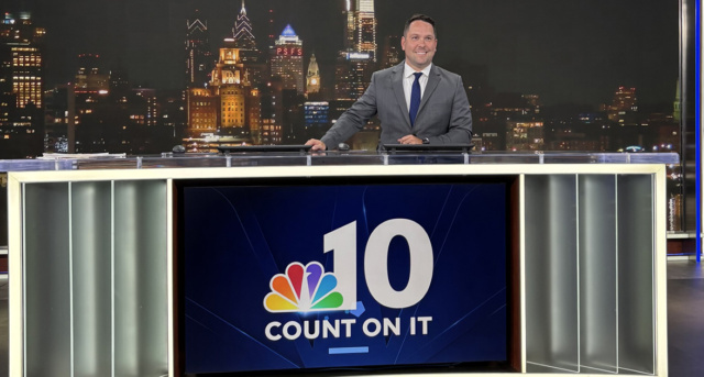 Matt DeLucia, '07, on set at NBC 10.