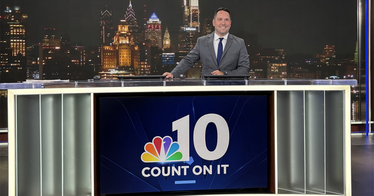 Matt DeLucia, '07, on set at NBC 10.