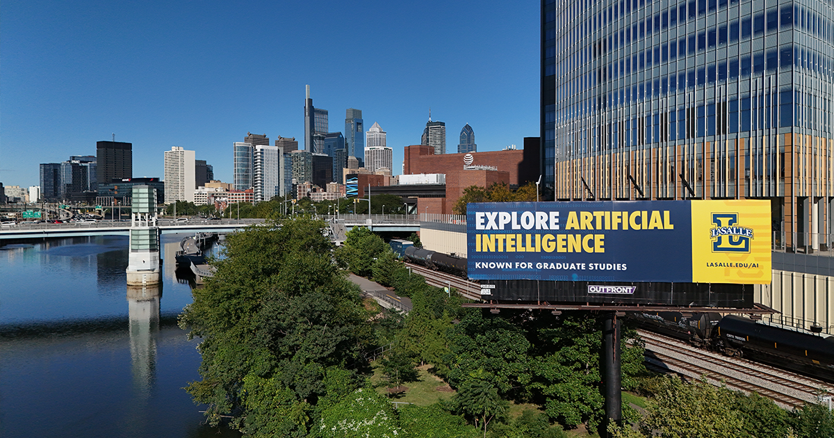 Image of a La Salle billboard in front of the Philly skyline