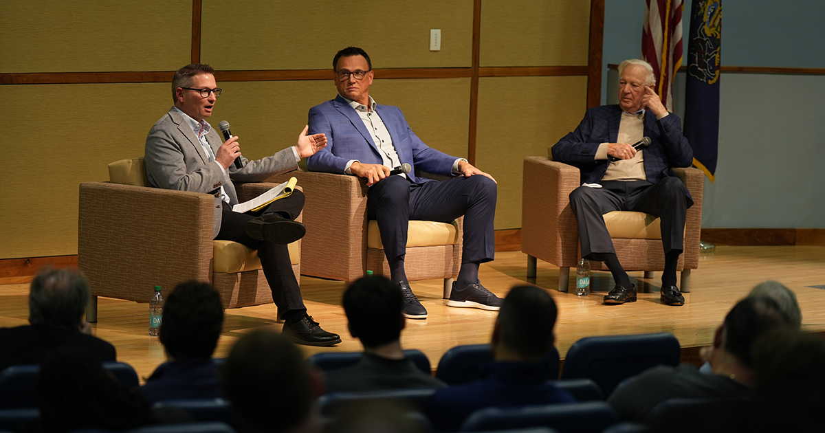 From left: Mike Sielski, '97, Tim Legler, ''88, and Bill Raftery, '63, at the Voices of La Salle panel.