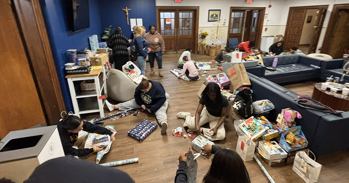 La Salle students wrapping gifts for the 2025 Toy Drive.