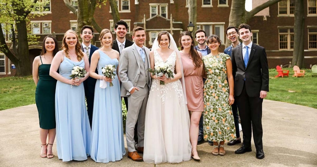 Maggie Lefavor, ‘17, MS, RDN, LDN, CEDS, with her husband, Nick Lefavor, '17, at their wedding on La Salle's campus.