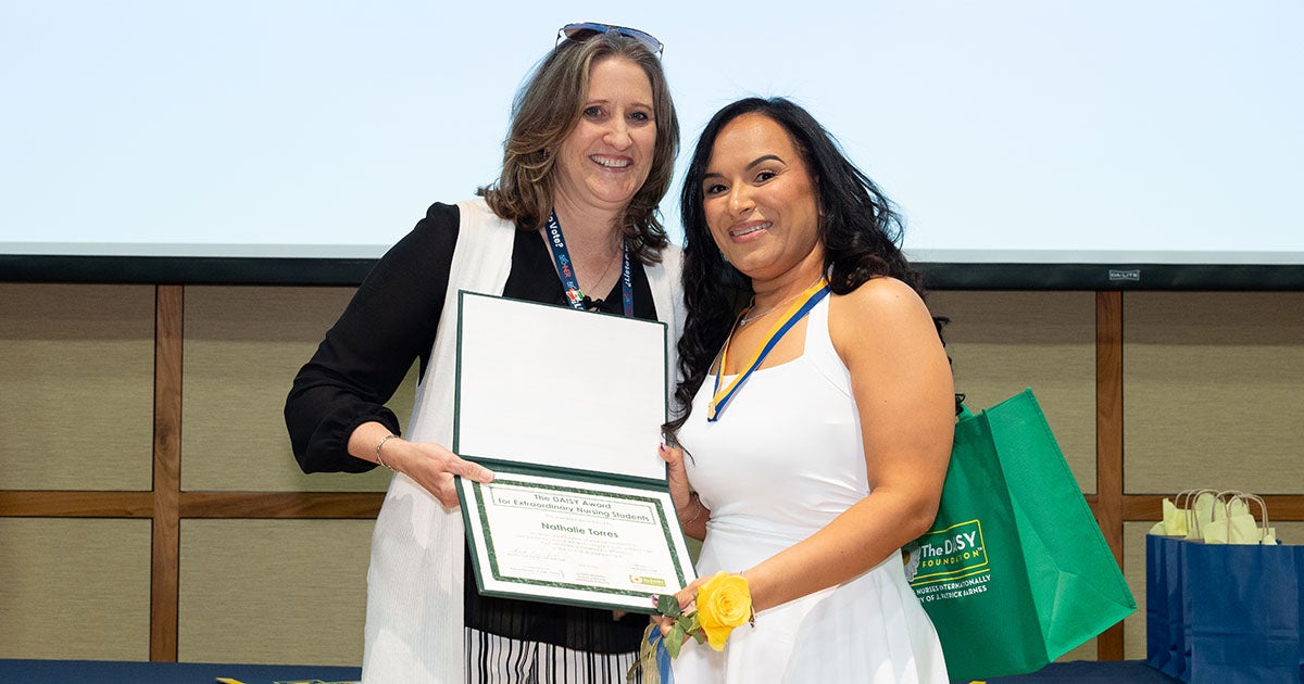 Nathalie Torres, '26, receiving her DAISY Award at La Salle University's 2026 Nurse Pinning Ceremony.