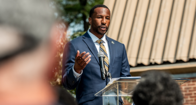 Jarett Gerald speaks to the crowd
