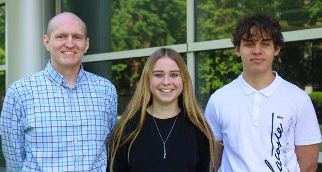 From left: Timothy (T.J.) Highley, Jr., Ph.D., Tannah Duncan, ’27, and Ilia Volkov, ’27.