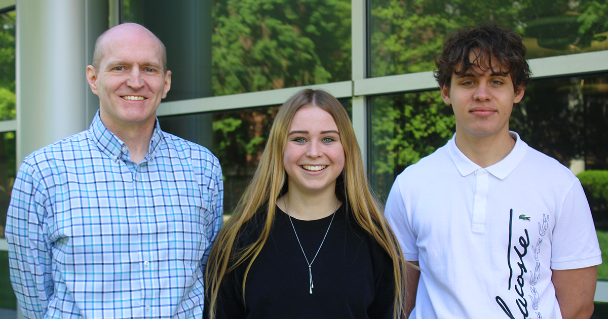 From left: Timothy (T.J.) Highley, Jr., Ph.D., Tannah Duncan, ’27, and Ilia Volkov, ’27.
