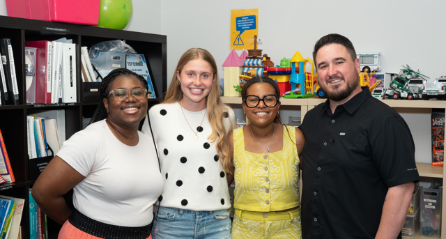 Pictured from left to right: Faith Leonard, ’25, M.S. ’27, Ella Verello, ’26, M.S. ’27, Jai Wells, M.S. ’27, and Kris Ralph, CCC-SLP.