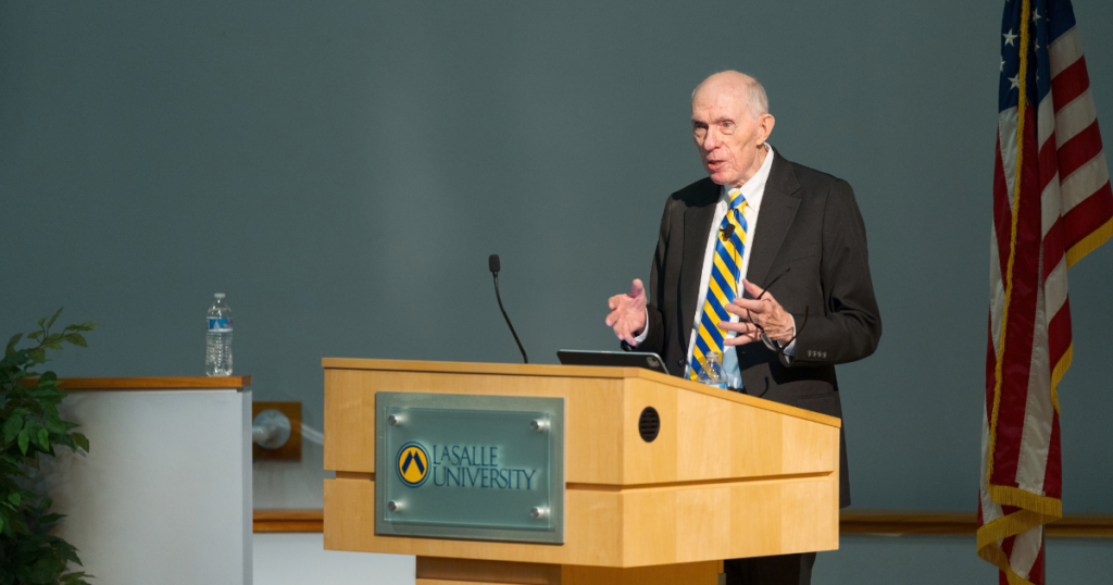 Robert Luddy speaks to students