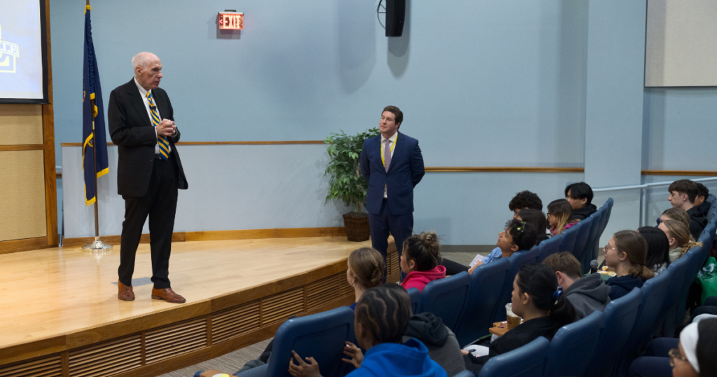 Robert Luddy speaks to students